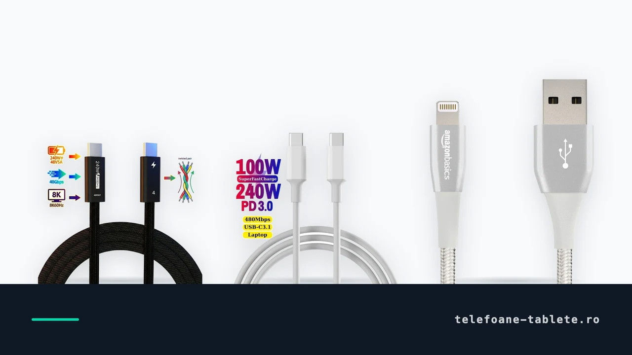 Trei cabluri USB-C comparate: premium de 240W, model de 240W la jumatate de pret si un cablu scurt de 10 cm