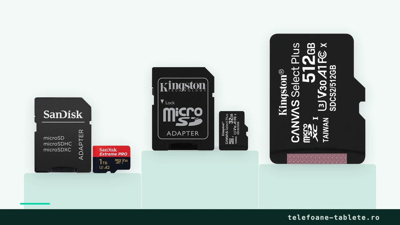 Trei carduri de memorie comparate: SanDisk Extreme PRO 1TB, Kingston Canvas Select si Kingston 512GB SD