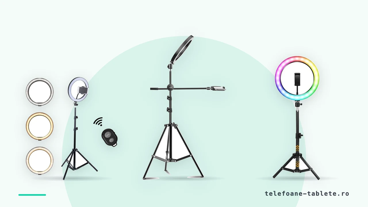 Lampi circulare ring light de 56, 26 si 32 de centimetri, cu trepiede si telecomenzi