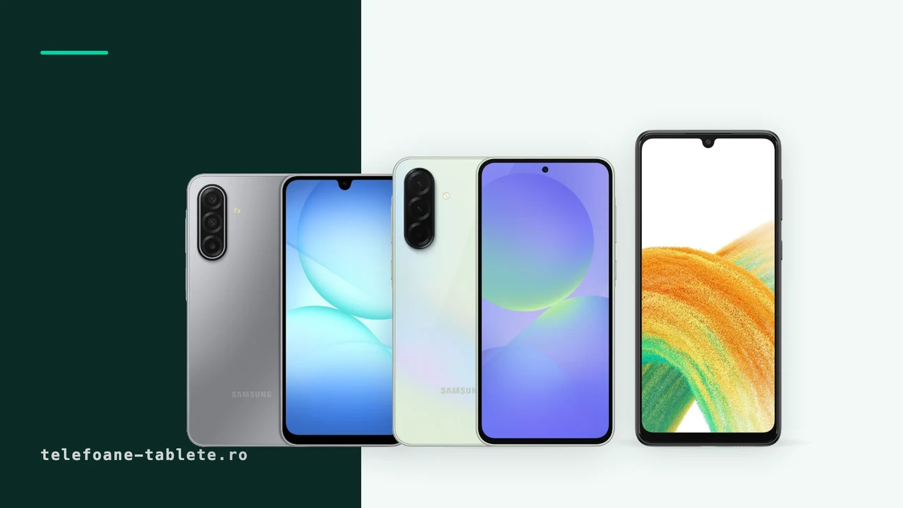 Trei telefoane Samsung comparate: Galaxy A17, Galaxy A36 si Galaxy A33