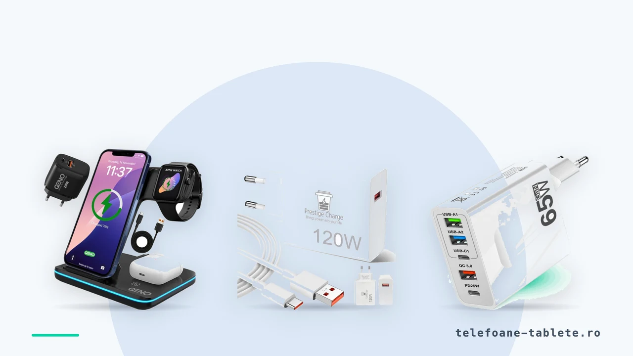 Trei incarcatoare de telefon comparate: statie wireless 3 in 1, incarcator de 120 W si unul cu cinci porturi