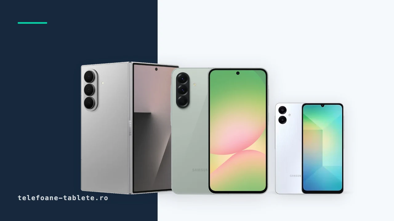 Trei telefoane Samsung comparate: Galaxy Z Fold7, Galaxy A56 si Galaxy A06