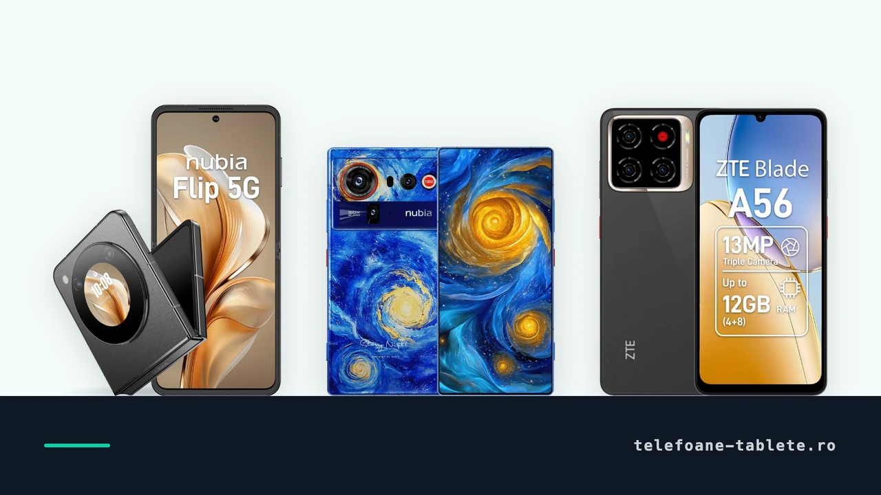 Trei telefoane ZTE comparate: nubia FLIP pliabil, nubia Z80 Ultra si ZTE Blade A56