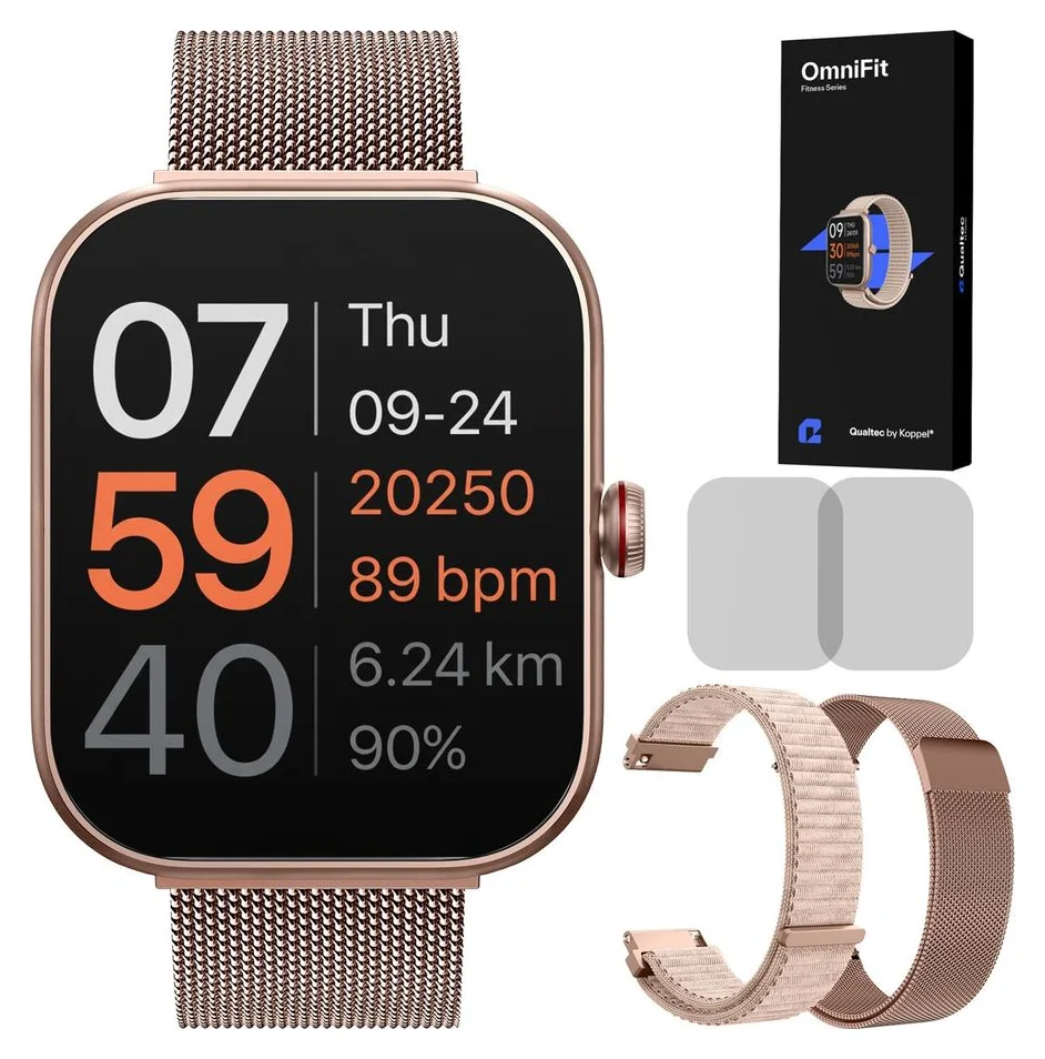Ceas smartwatch dama Qualtec by Koppel, ecran 1.91 inch, roz